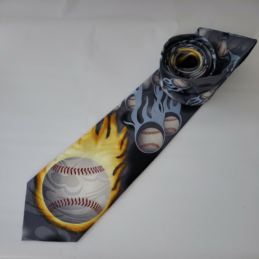 Steven Harris Men's Neck Tie Novelty Baseball Flames Silver Gold Blue Embossed
